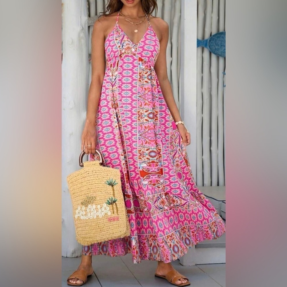 Bohemian Backless Ruffle Hem Halter Beach Casual Maxi Dress
